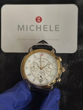 NWT Michele Gold Tone Chronograph Watch w/ White Diamond Dial and Leather Strap